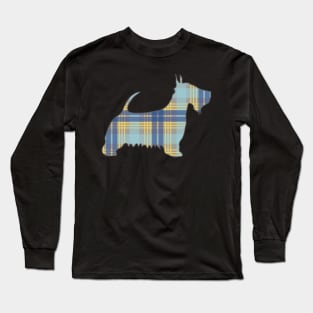 Blue, Grey and Yellow Tartan Scottish Terrier Dog Silhouette Long Sleeve T-Shirt